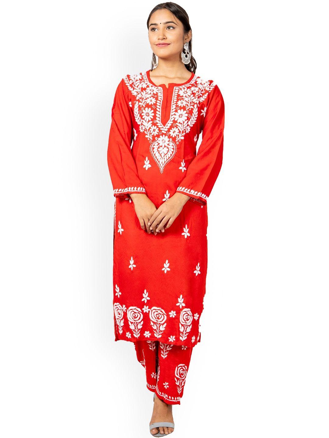 fawoment floral embroidered chikankari kurta with palazzos