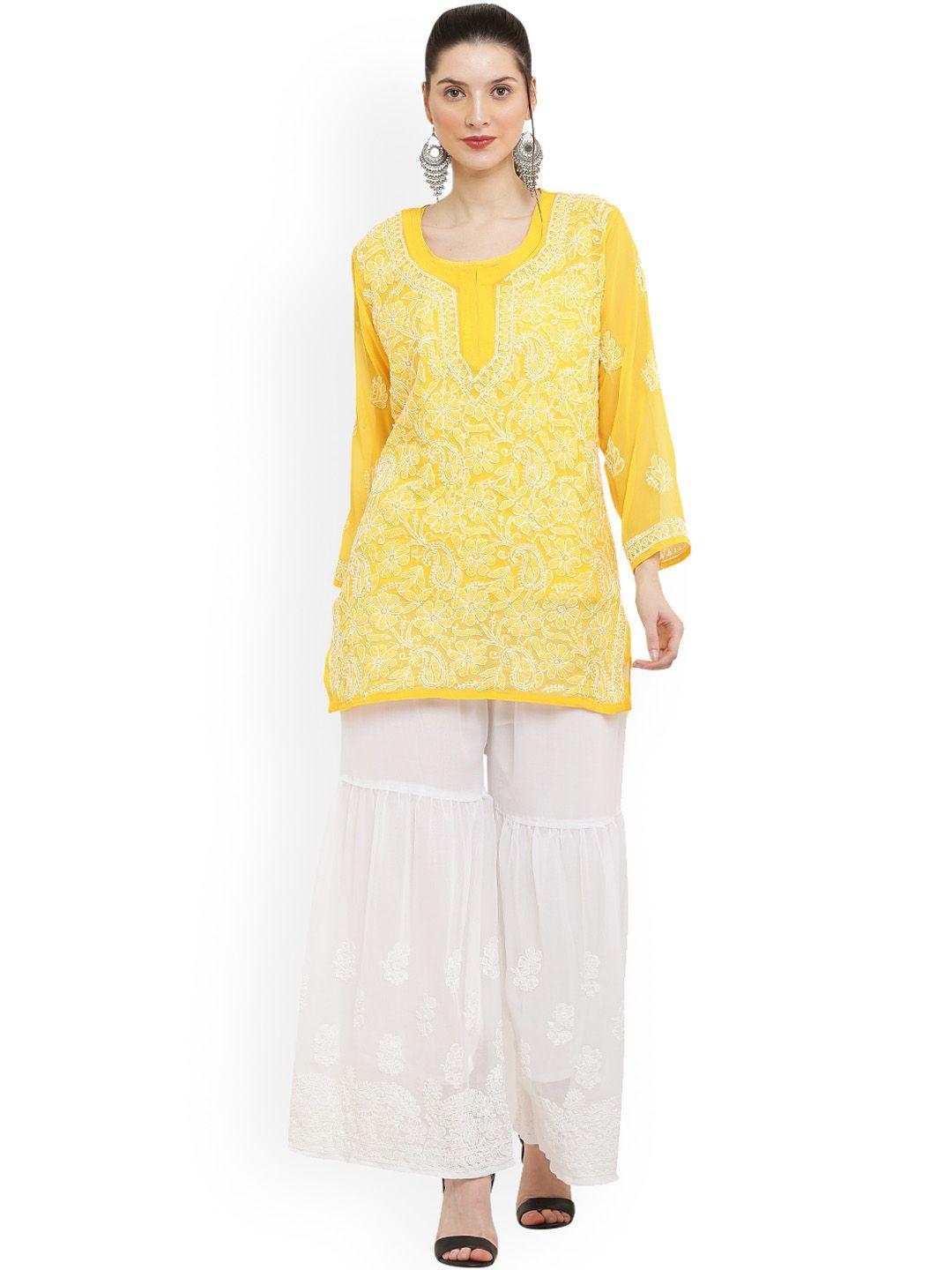 fawoment floral embroidered straight kurti with palazzo