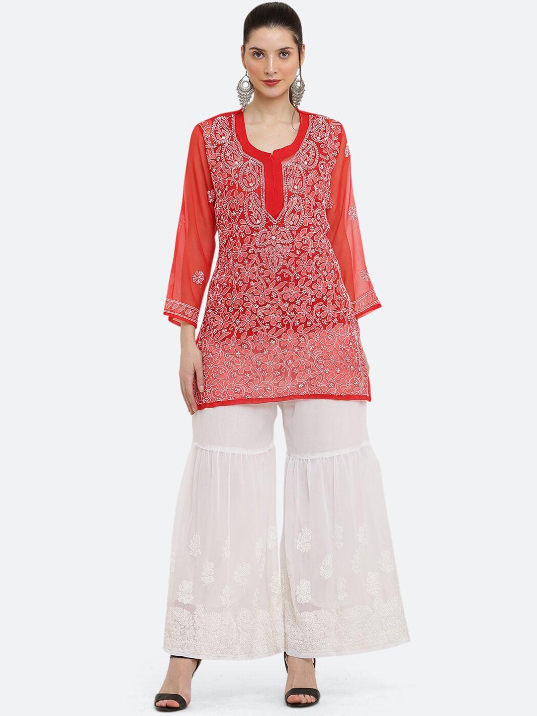 fawoment floral embroidered straight kurti with palazzo