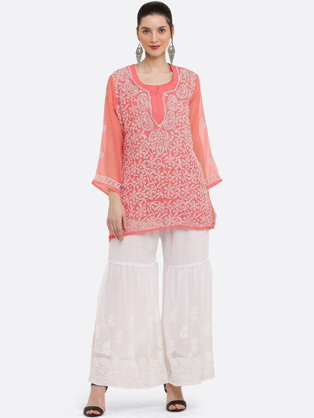 fawoment floral embroidered straight kurti with palazzos