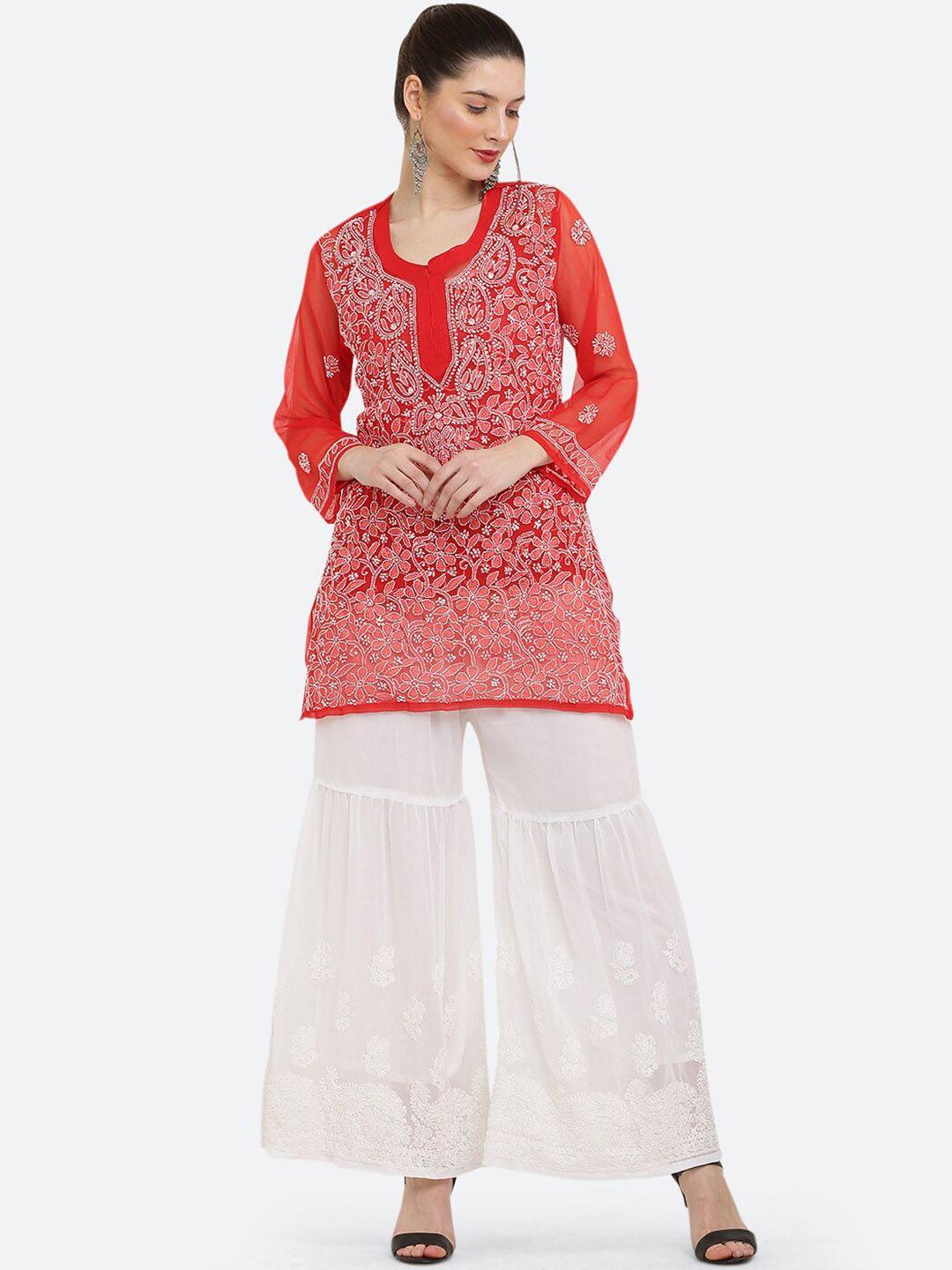 fawoment floral embroidered straight kurti with palazzos