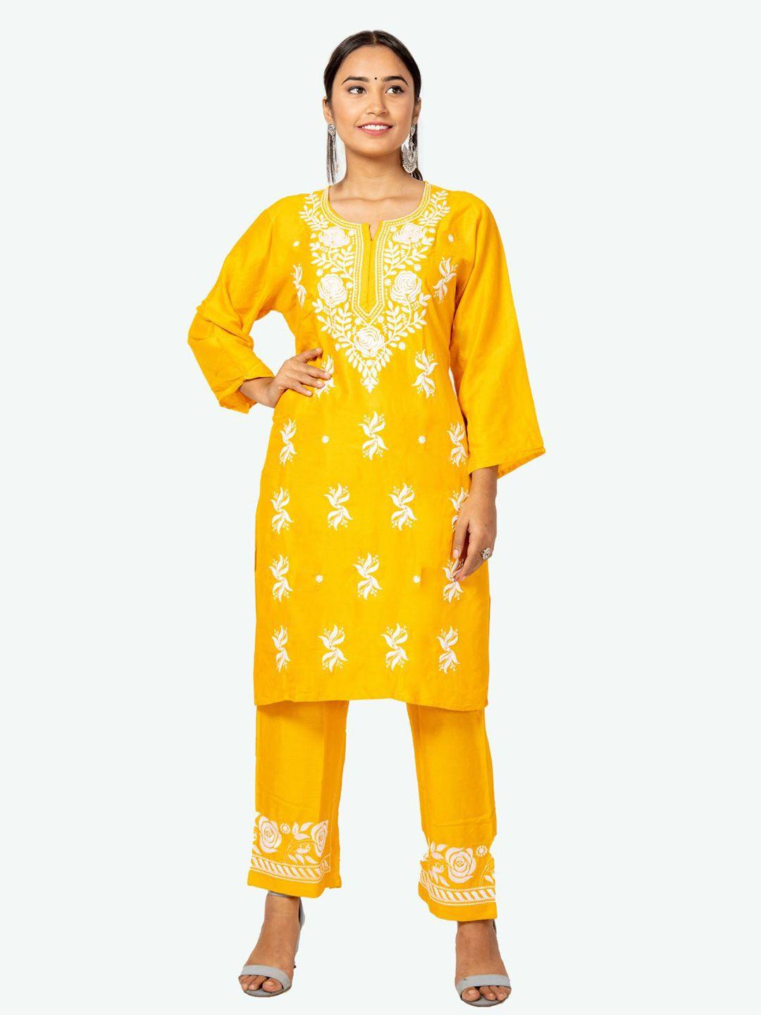 fawoment floral embroidered straight kurti with sharara