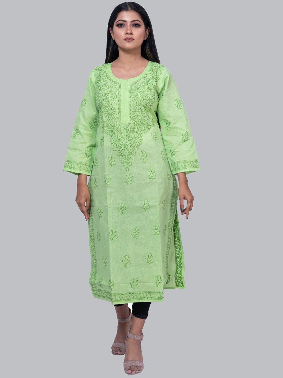 fawoment green ethnic motifs embroidered chikankari kurta