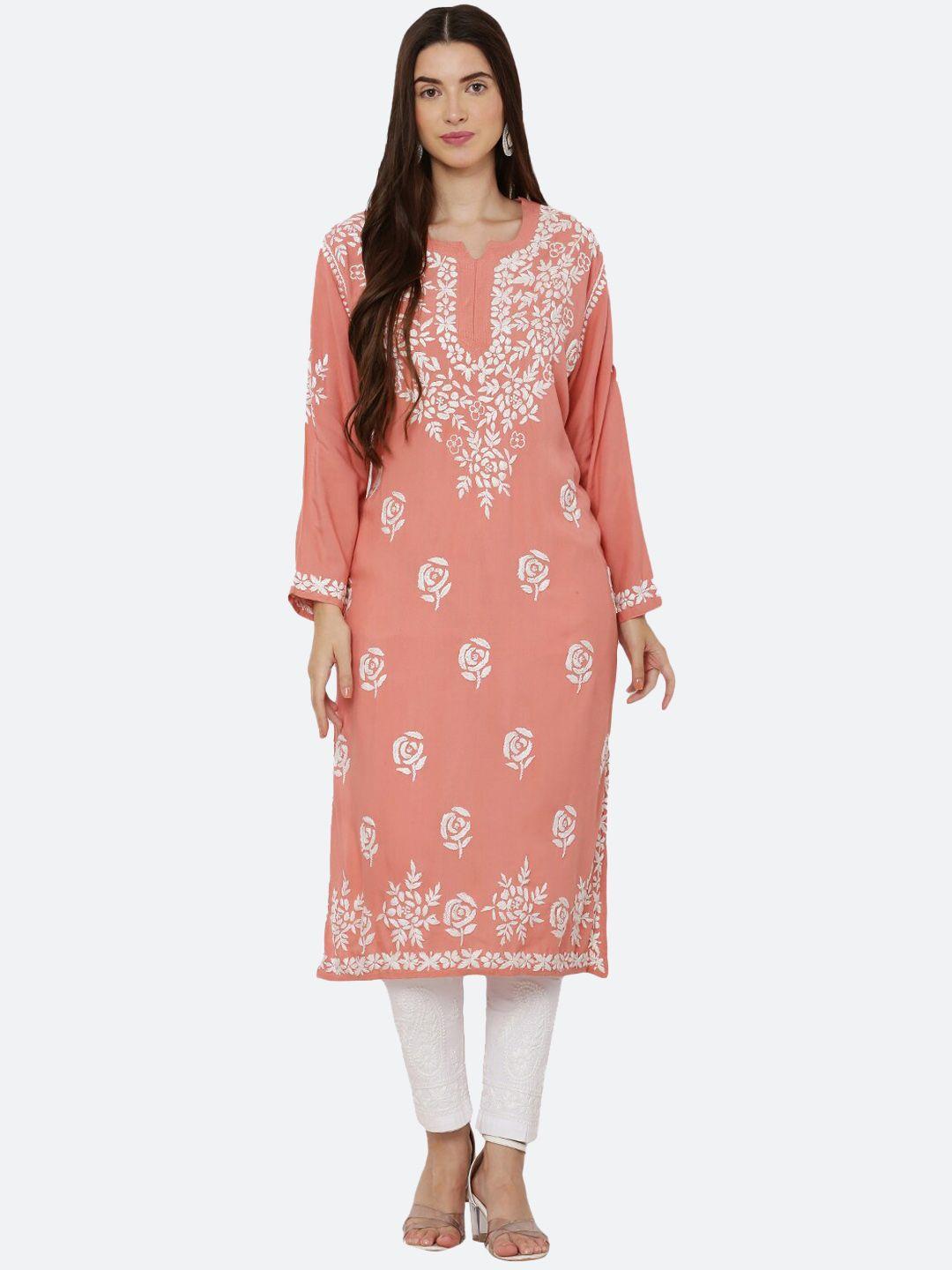 fawoment notched neck floral embroidered chikankari georgette kurta