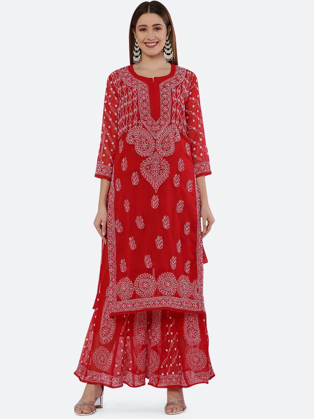 fawoment red hand embroidered chikankari kurta with sharara & straight slip