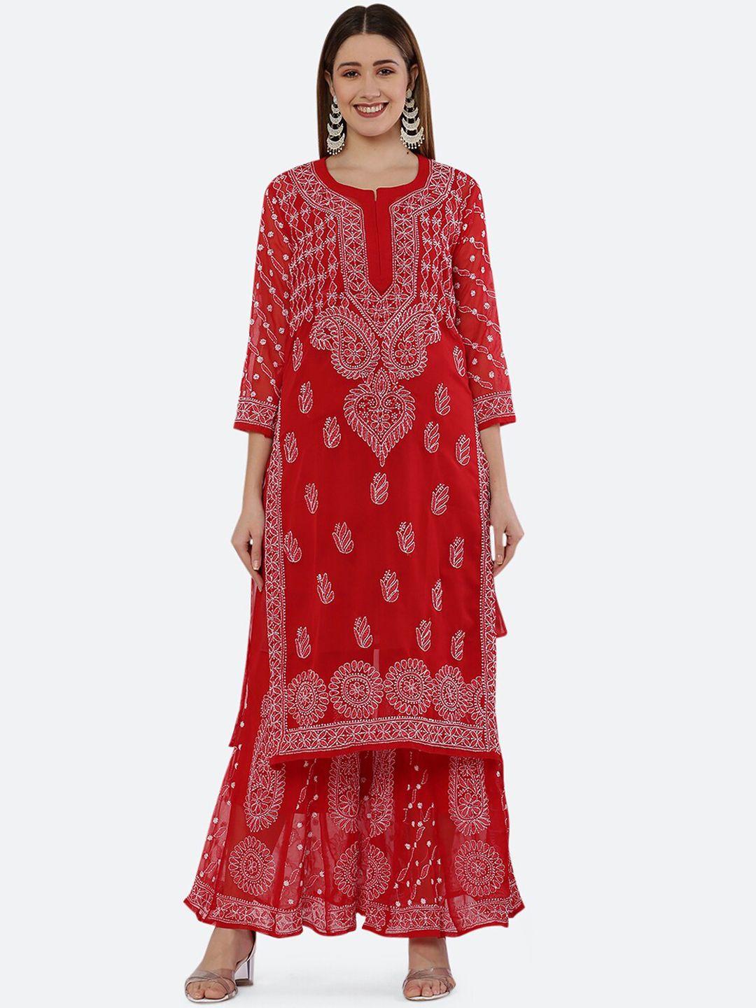 fawoment round neck ethnic motifs chikankari embroidered kurta with sharara