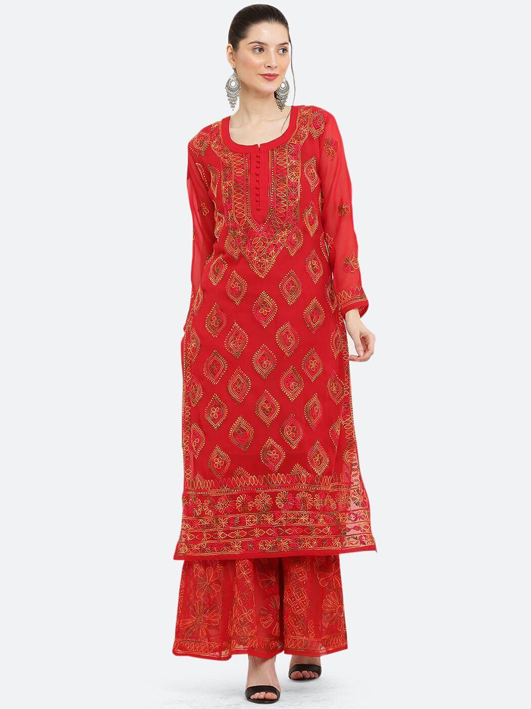 fawoment round neck ethnic motifs chikankari embroidered kurta with sharara