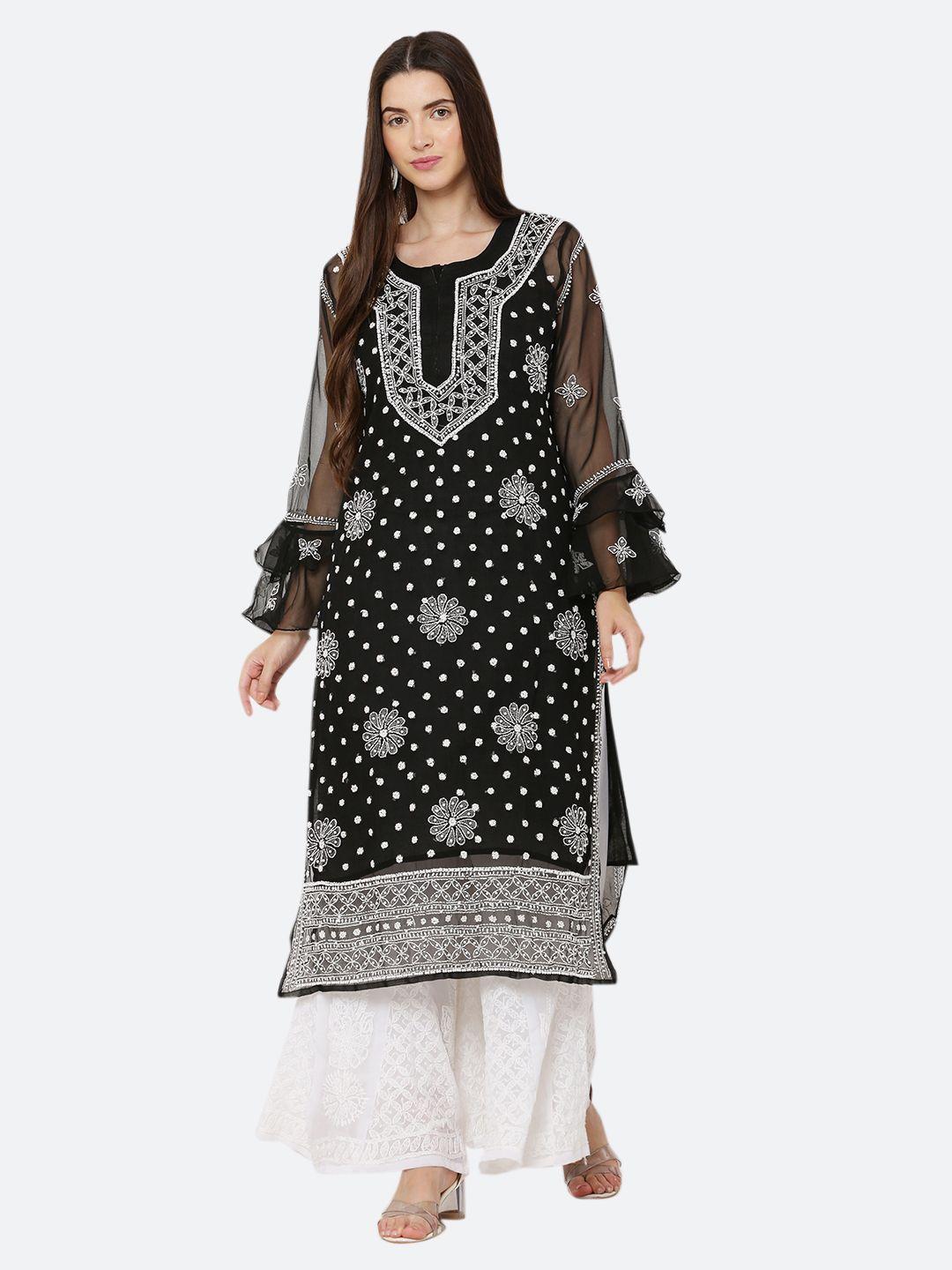 fawoment women black ethnic motifs embroidered bell sleeves handloom georgette kurta
