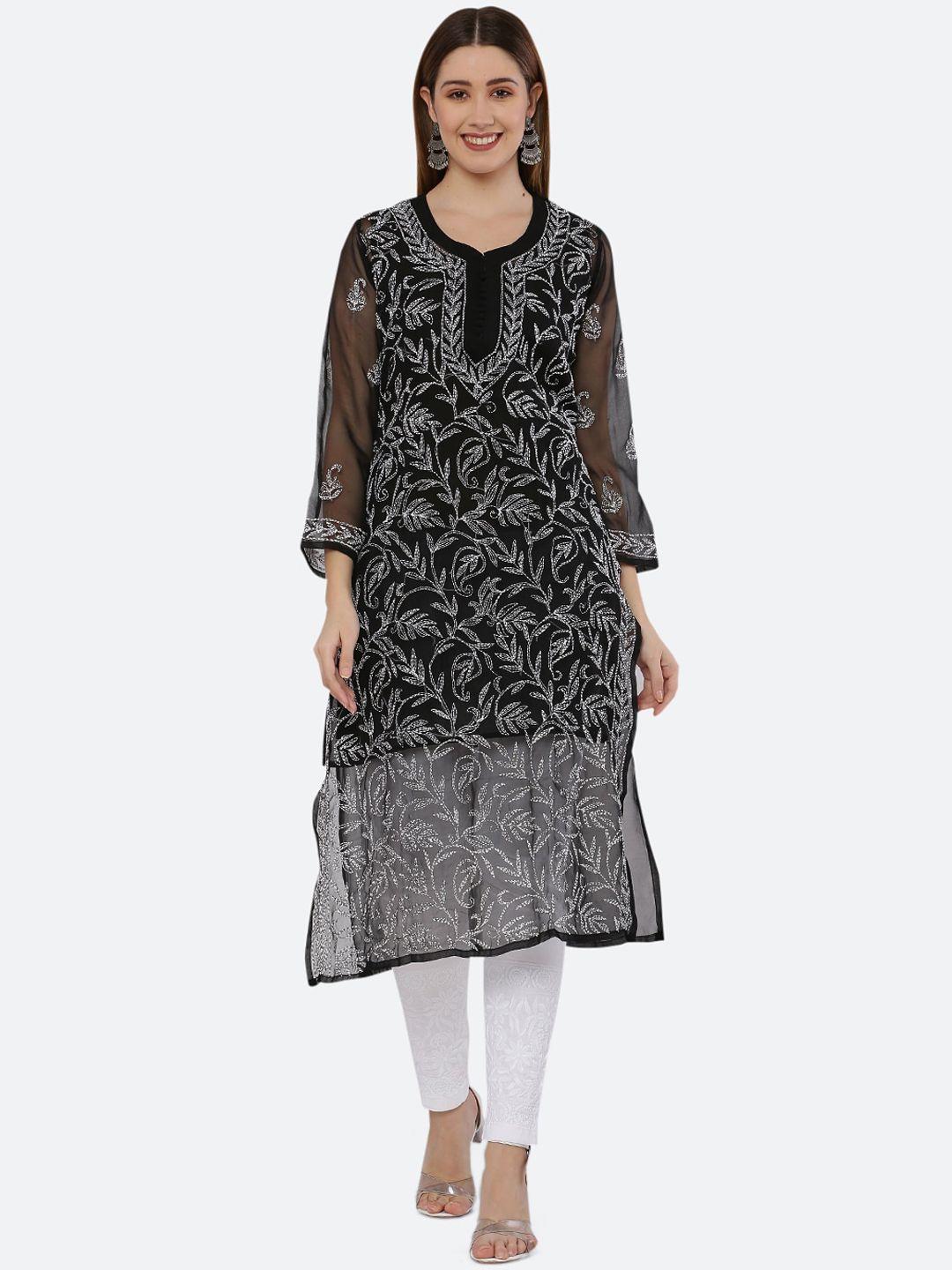 fawoment women black ethnic motifs printed thread work handloom georgette kurta