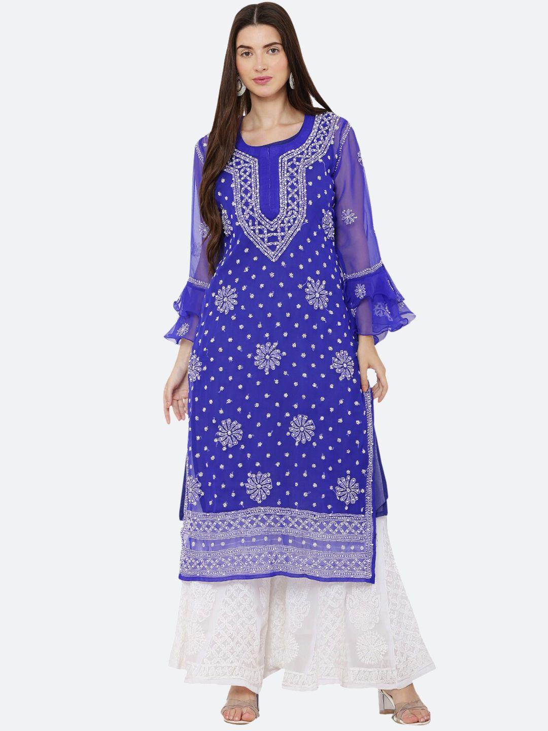 fawoment women blue ethnic motifs embroidered bell sleeves thread work handloom georgette kurta