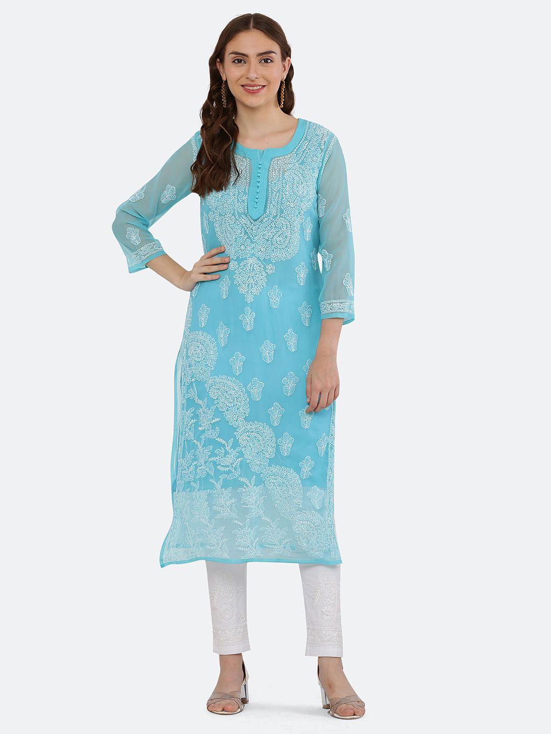 fawoment women blue ethnic motifs embroidered chikankari straight fit georgette kurta