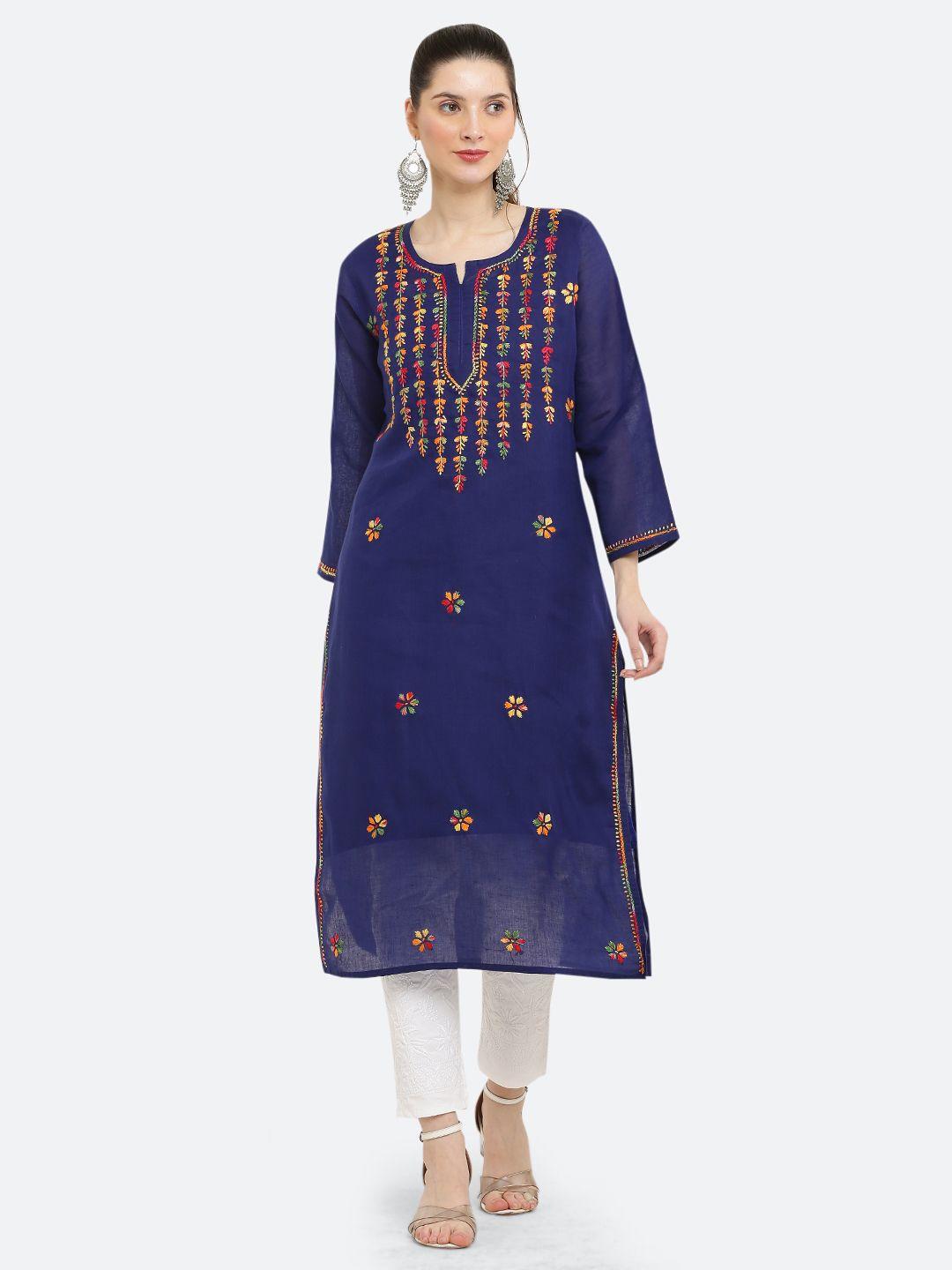 fawoment women blue ethnic motifs embroidered thread work cotton kurta
