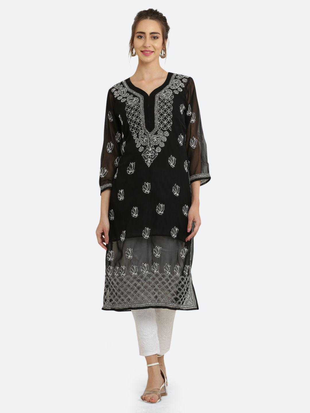 fawoment women geometric embroidered thread work georgette handloom georgette kurta