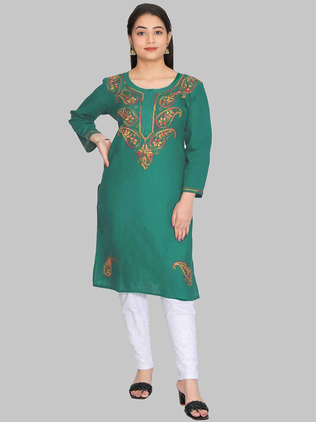 fawoment women green paisley embroidered flared sleeves patchwork pathani kurta