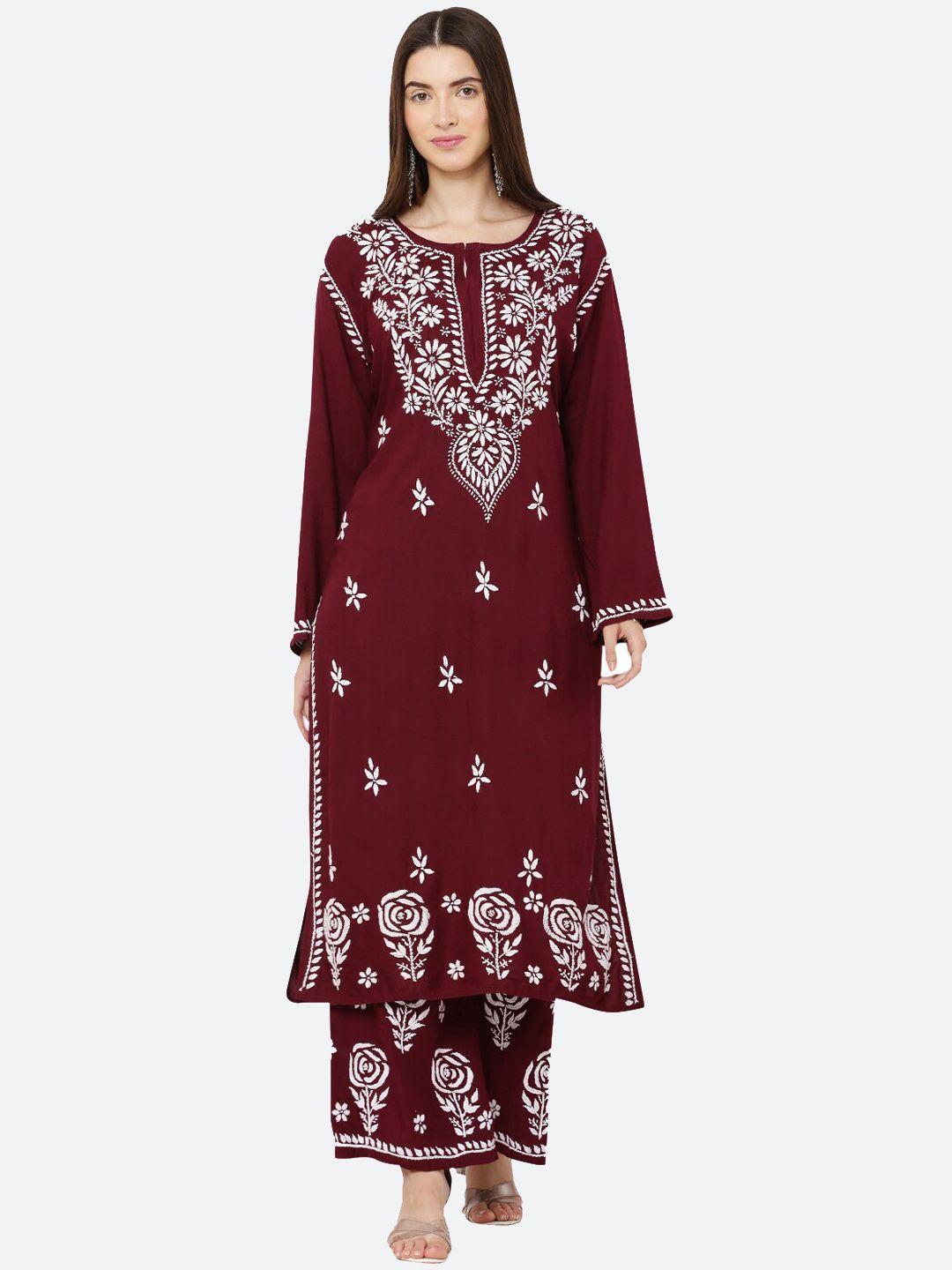 fawoment women maroon & white floral embroidered kurta with palazzos