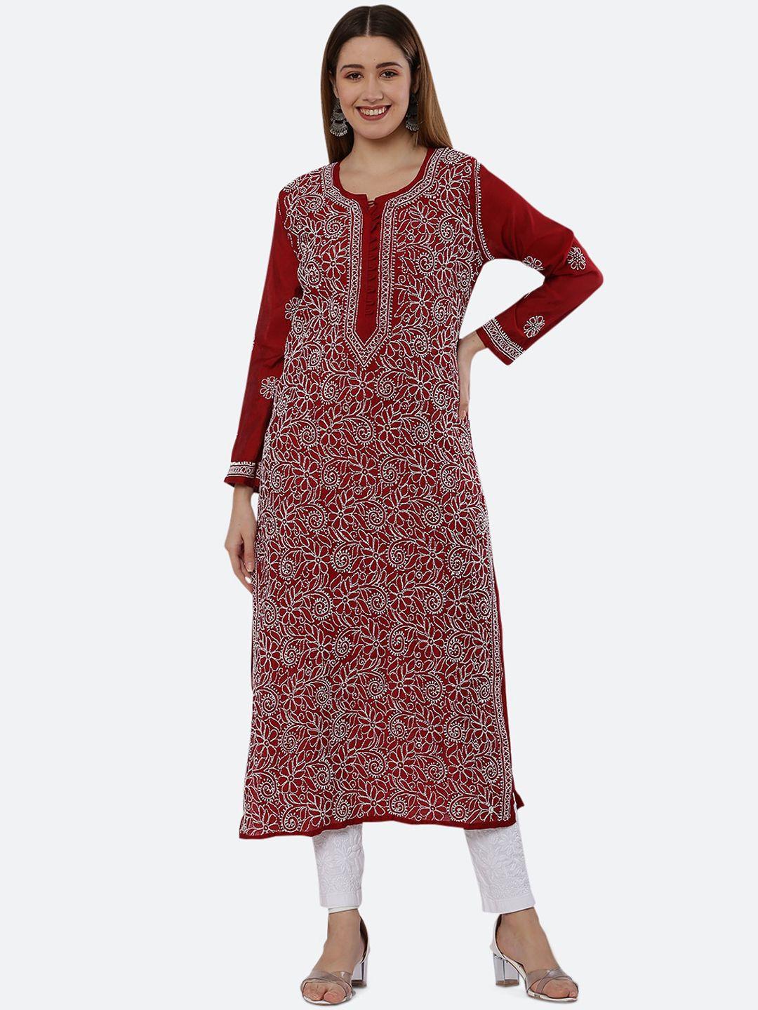 fawoment women mroon ethnic hand embroidered regular sleeves chikankari kurta