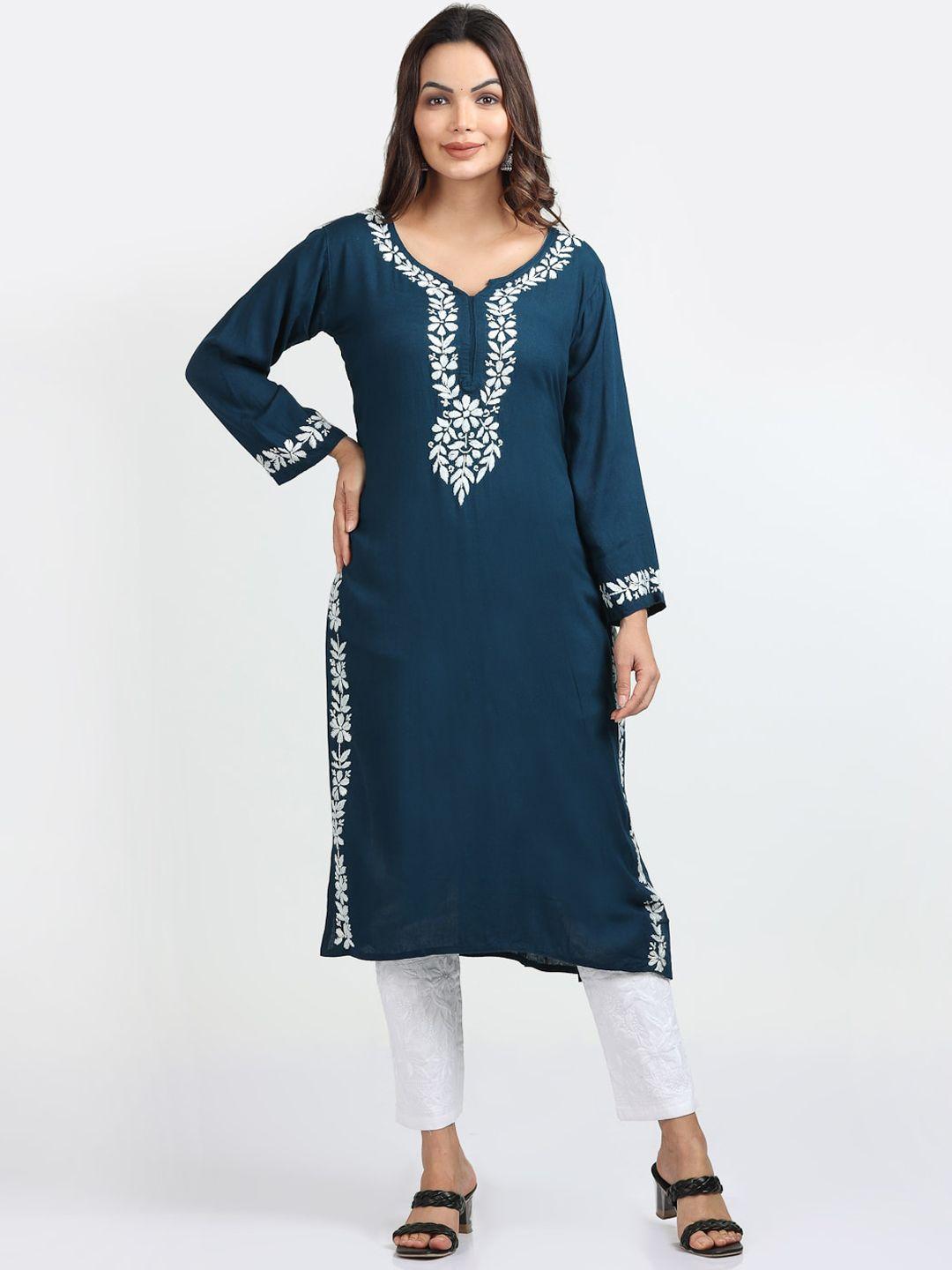 fawoment women navy blue floral chikanakri straight kurta