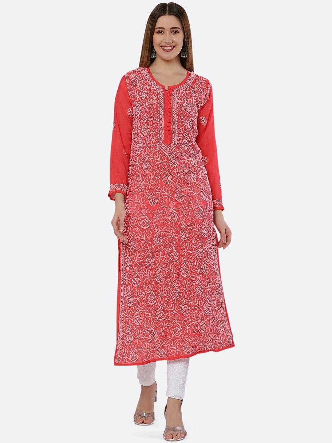 fawoment women peach-coloured & white floral embroidered chikankari chanderi silk kurta