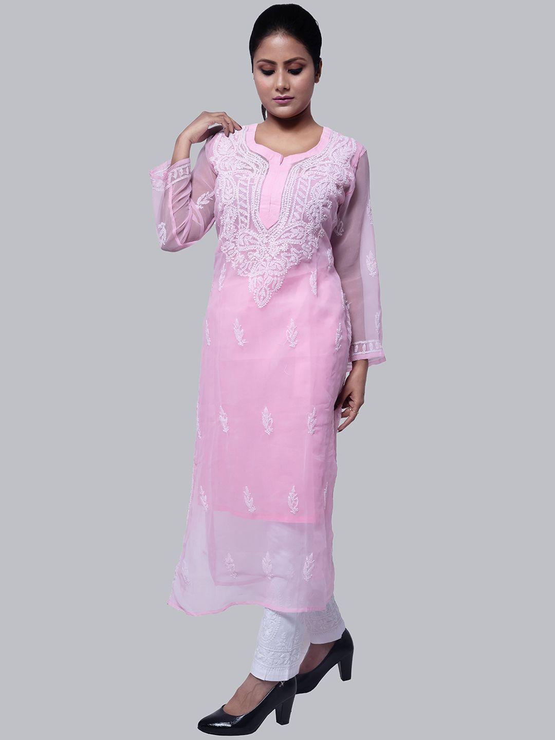 fawoment women pink ethnic motifs chikankari georgette kurta