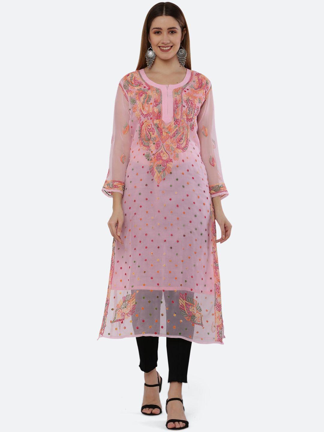 fawoment women pink ethnic motifs embroidered chikankari georgette kurta