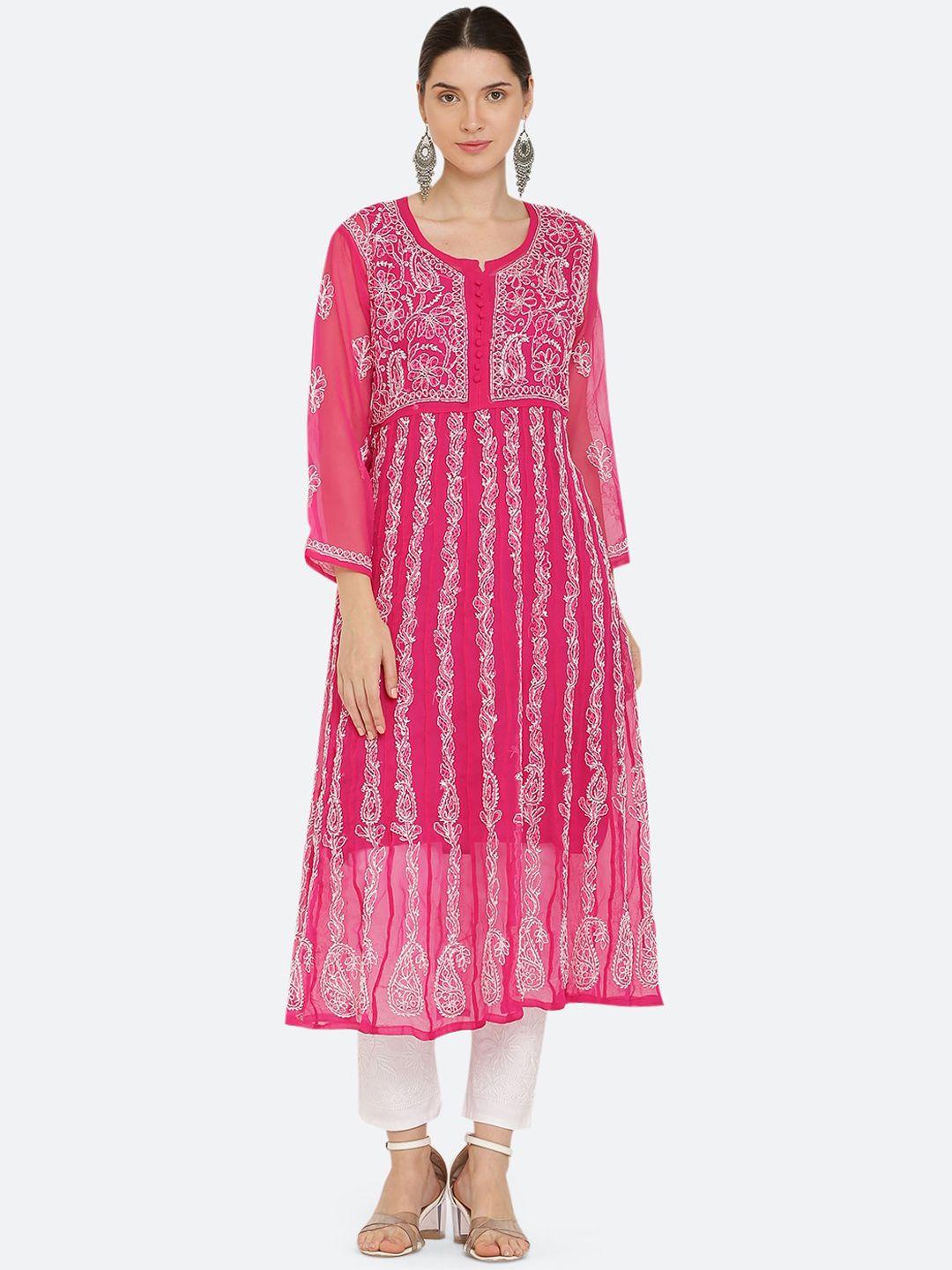 fawoment women pink ethnic motifs embroidered chikankari georgette kurta