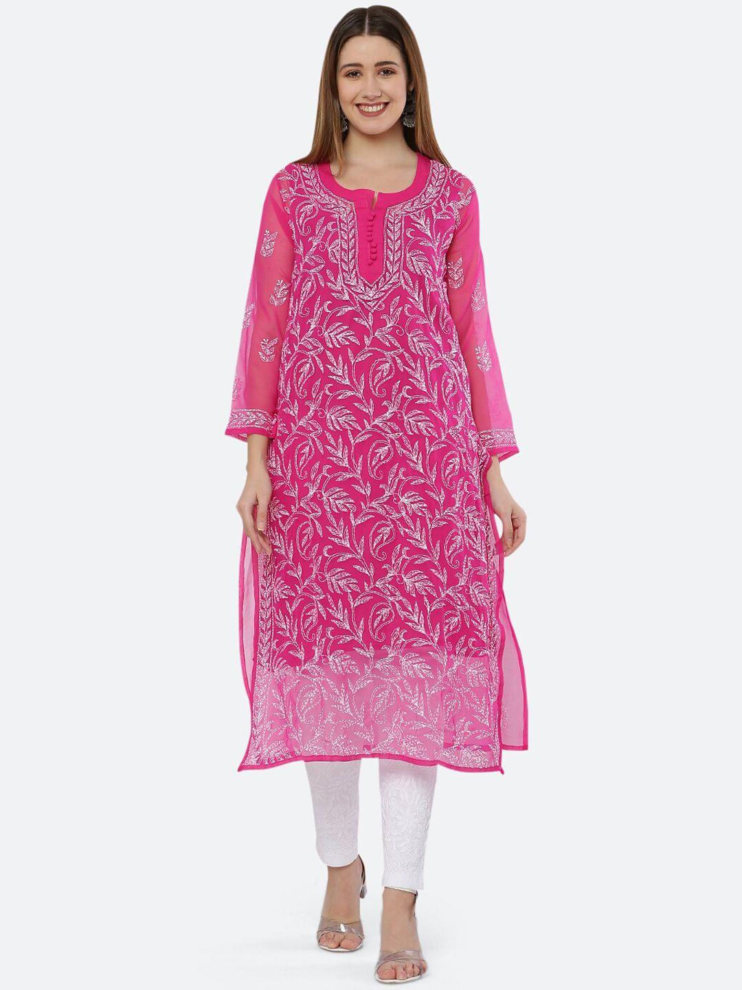 fawoment women pink ethnic motifs printed thread work handloom georgette kurta