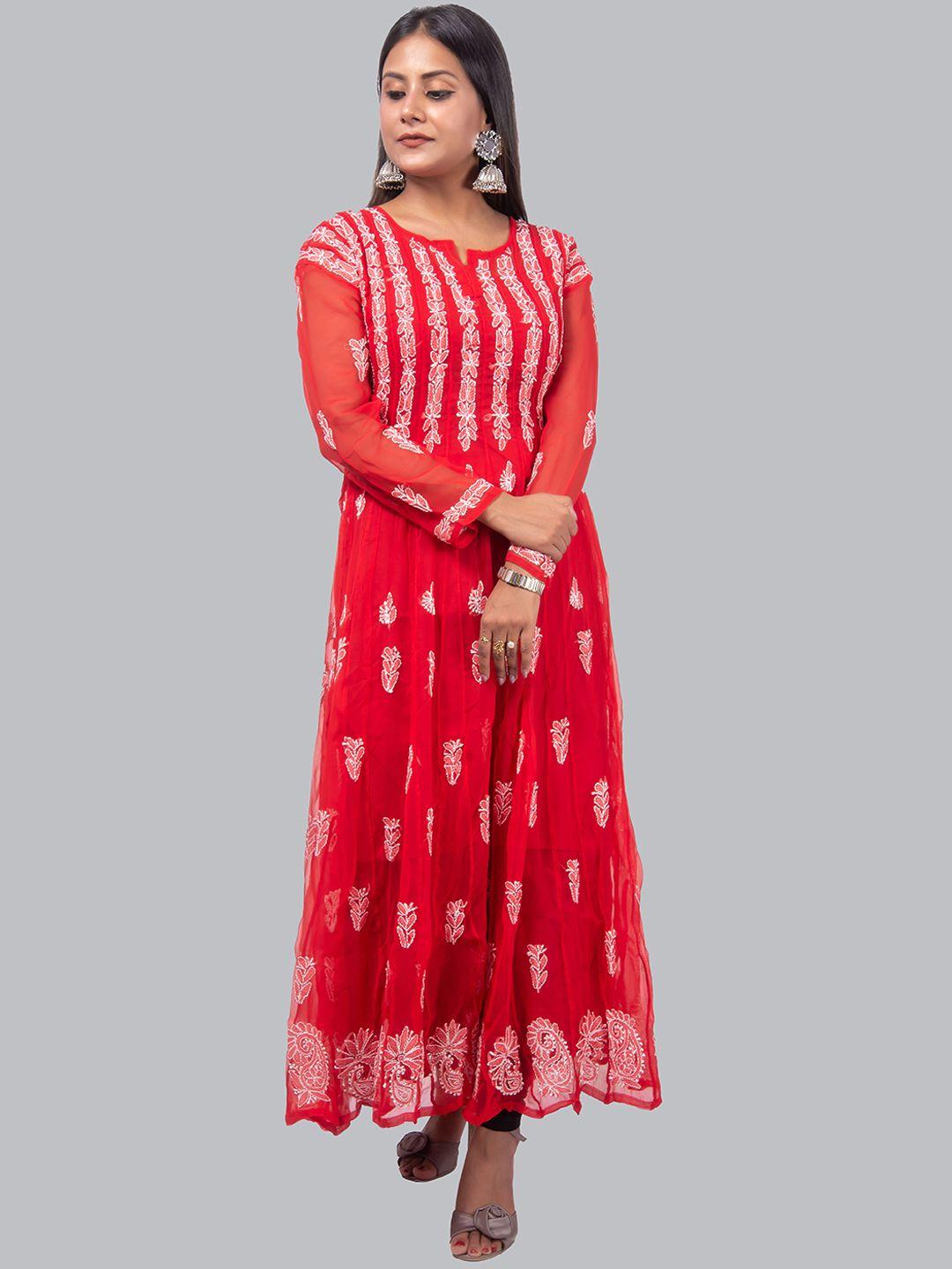 fawoment women red & white chikankari embroidered georgette a-line kurta