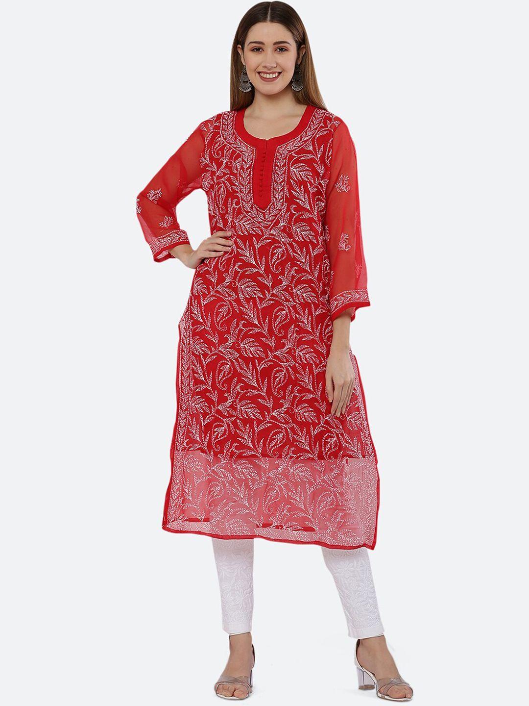 fawoment women red ethnic motifs embroidered chikankari handloom georgette kurta
