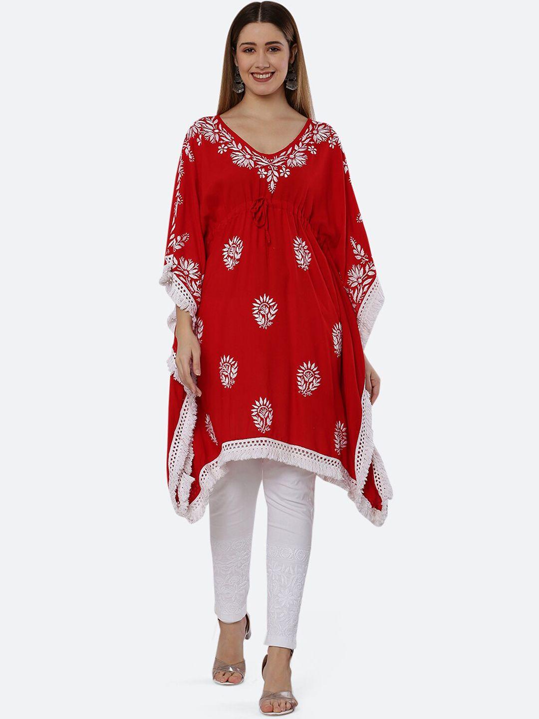 fawoment women red ethnic motifs printed chikankari kaftan kurta