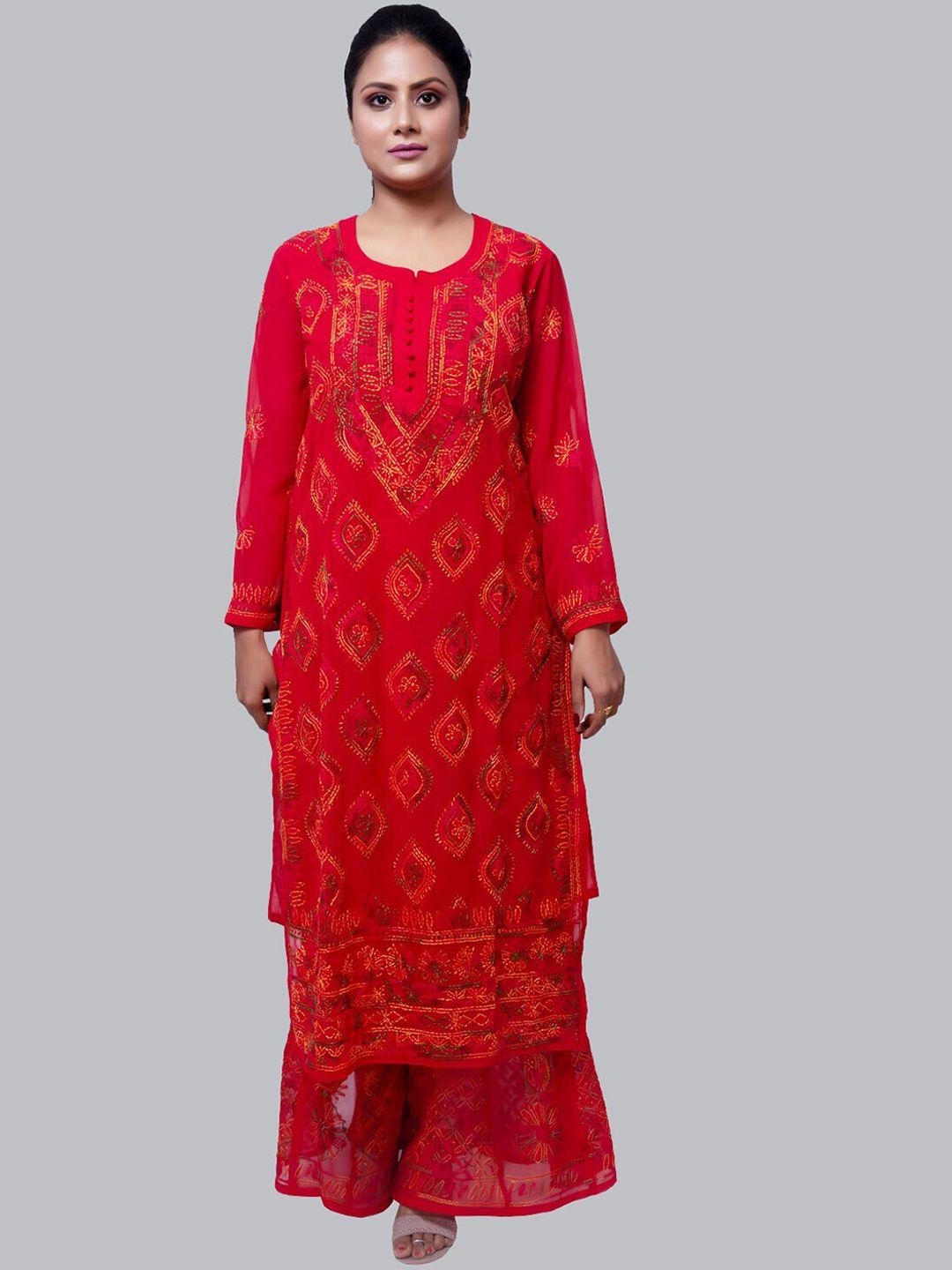 fawoment women red floral embroidered thread work kurta with sharara