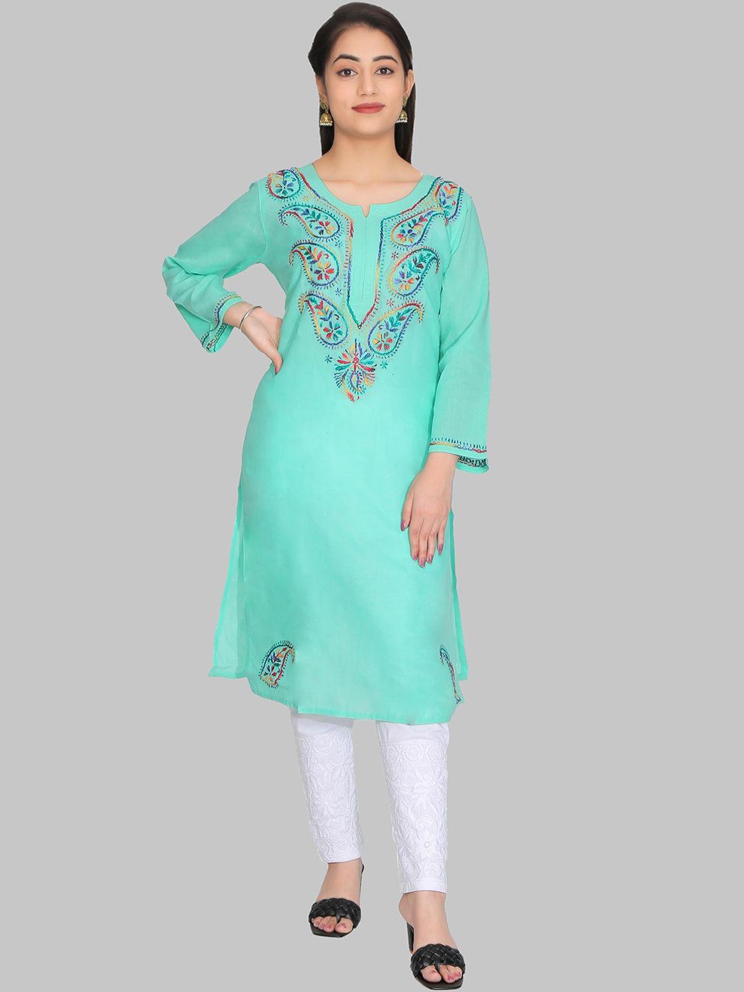 fawoment women turquoise blue paisley yoke design flared sleeves thread work pathani kurta