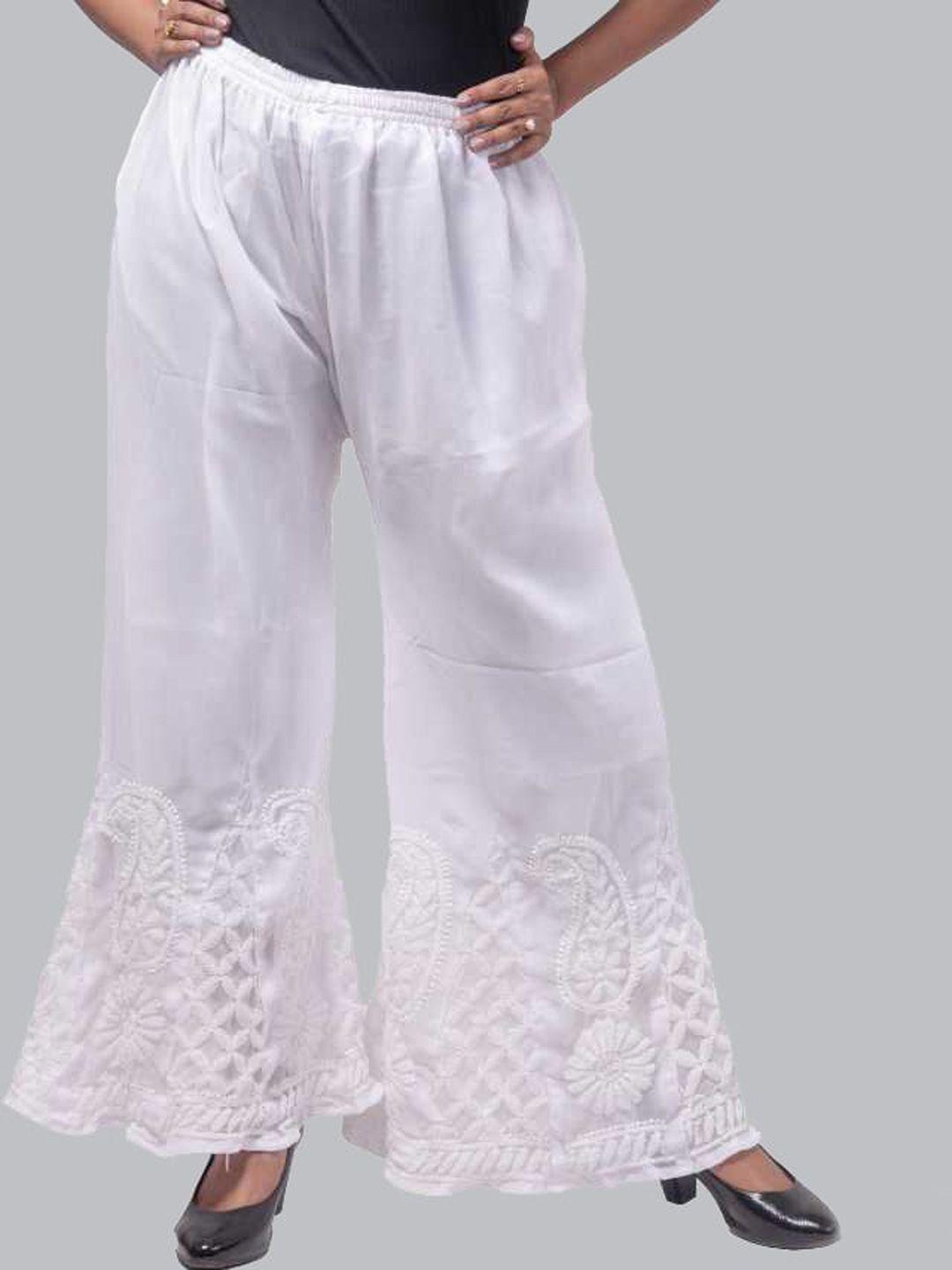 fawoment women white chikankari hand embroiderd georgette sharara pyjamas