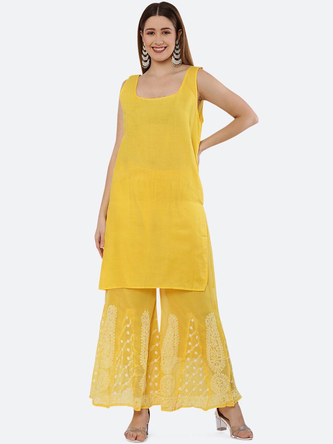 fawoment yellow ethnic motifs embroidered chikankari kurta with sharara