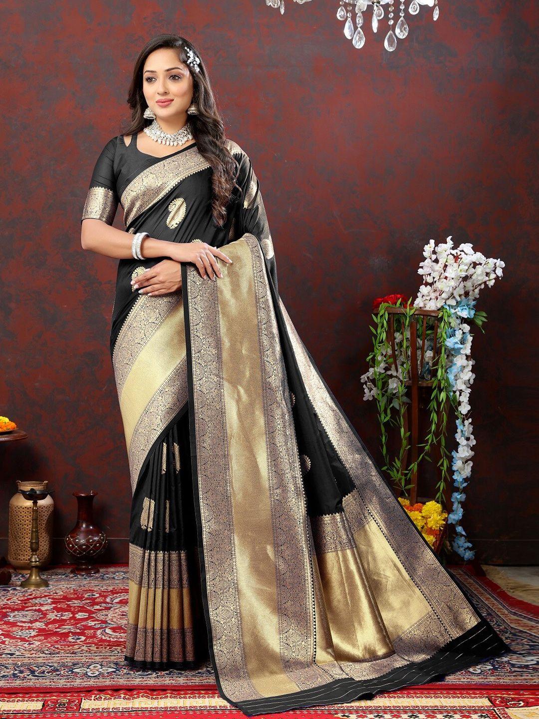 faxofab black & goldtoned ethnic woven design zari silk banarasi saree