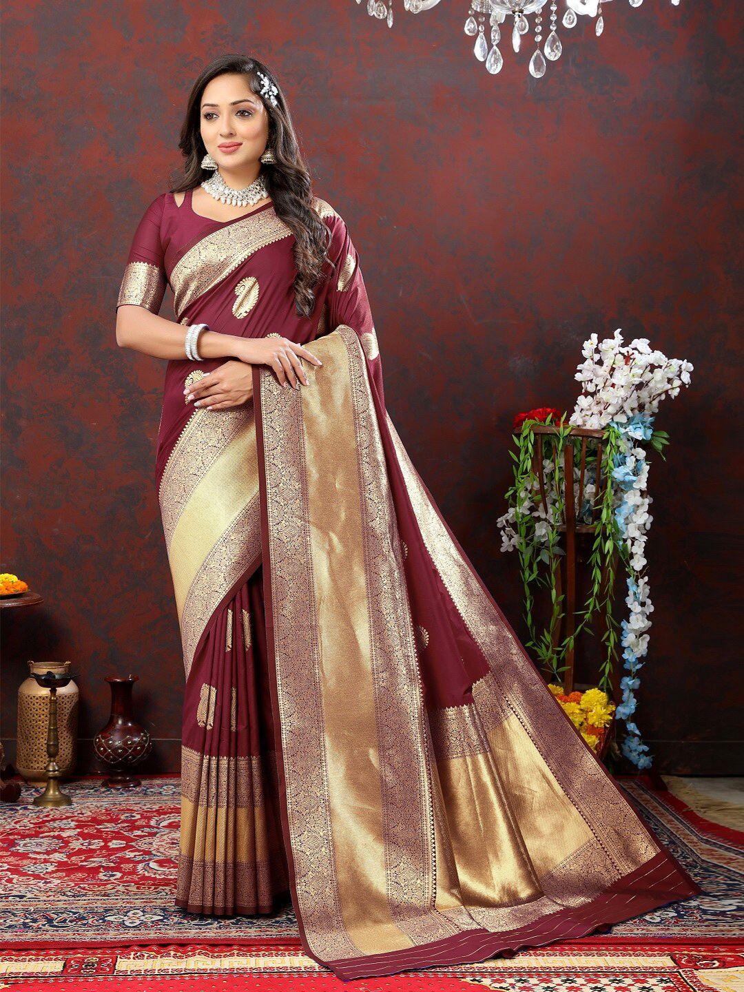 faxofab maroon & goldtoned ethnic woven design zari silk banarasi saree