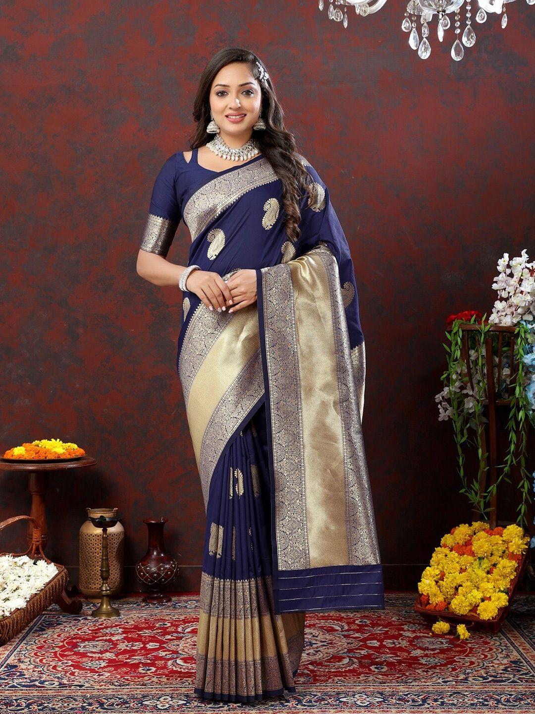faxofab navy blue & goldtoned ethnic woven design zari silk banarasi saree