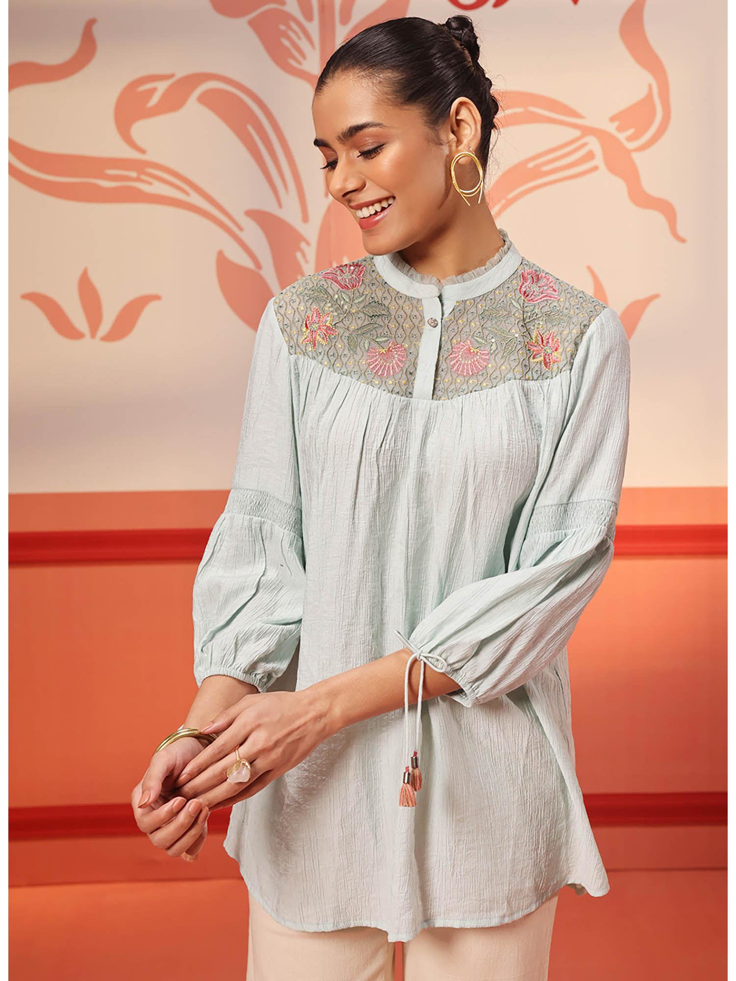 faya green crinkled crepe embroidered top for women