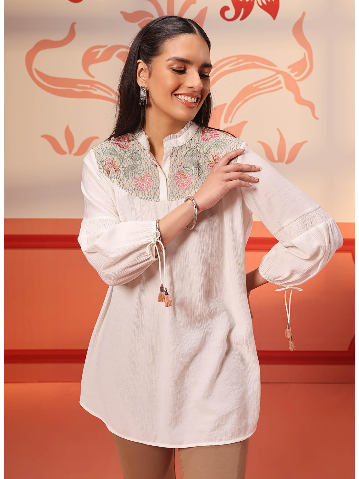 faya ivory crinkled crepe embroidered top for women