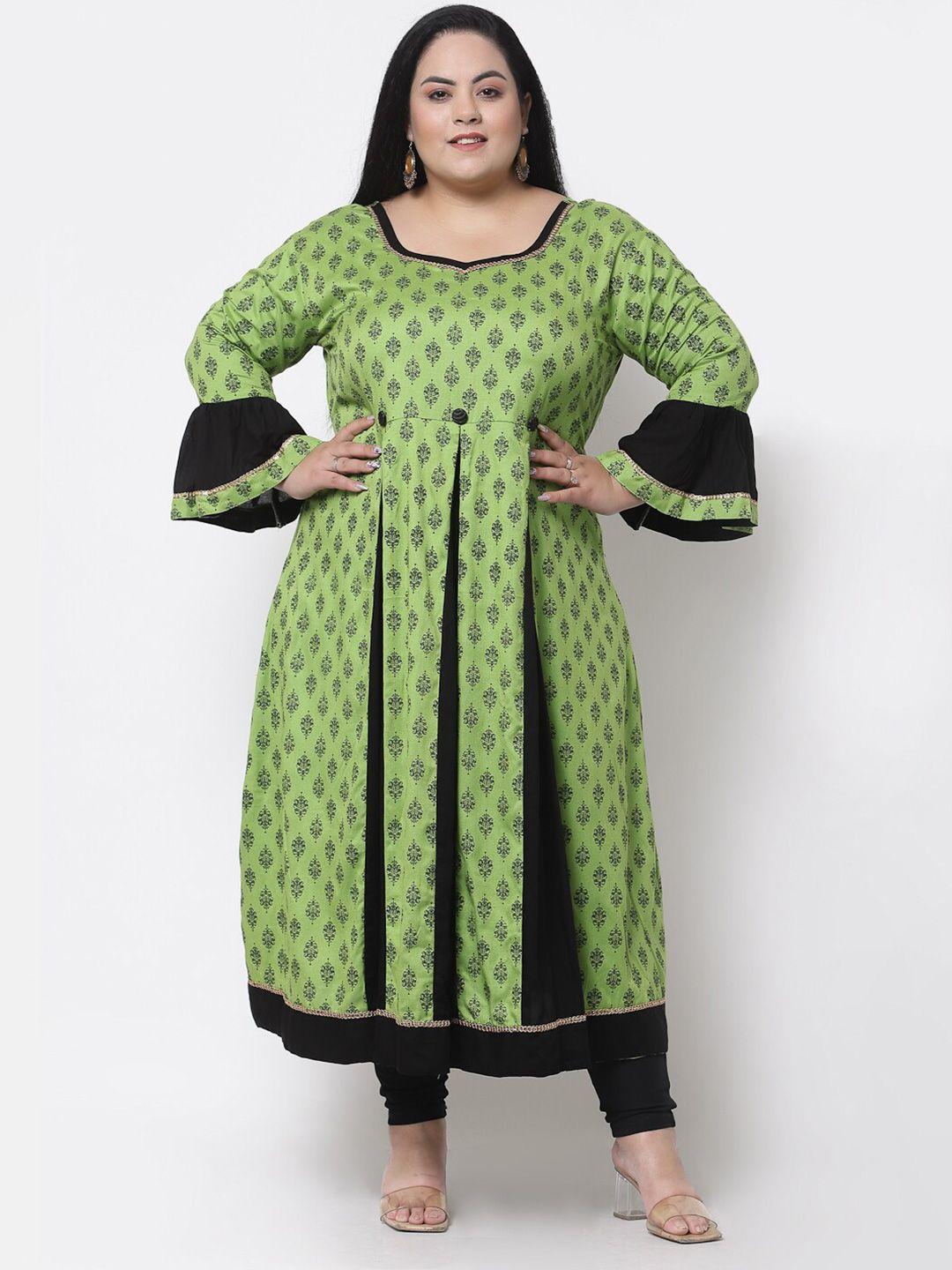 fazzn plus size women green & black ethnic motifs printed pleated anarkali kurti
