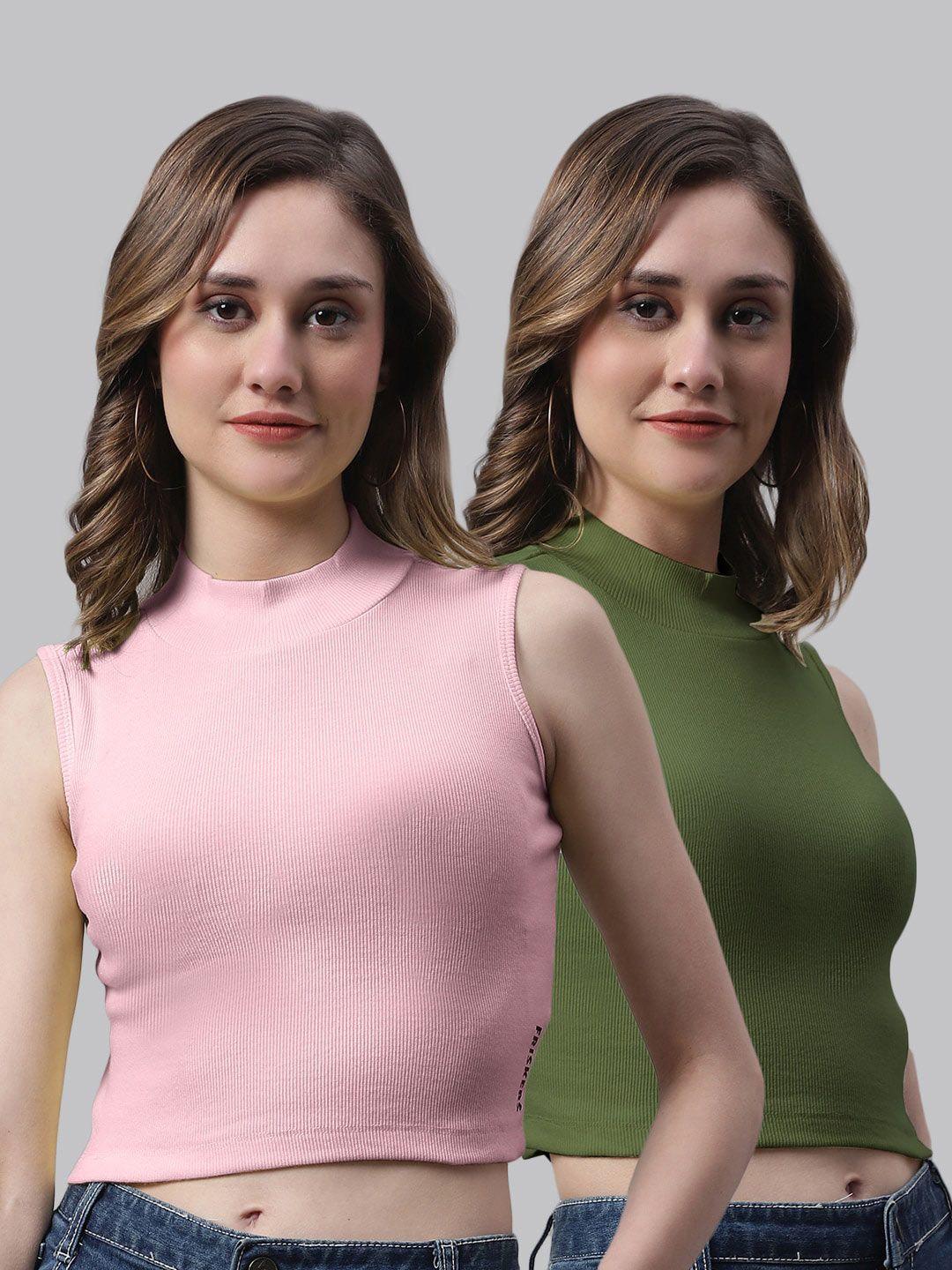 fbar pack of 2 high neck skin friendly bio-wash pure cotton fitted crop tops