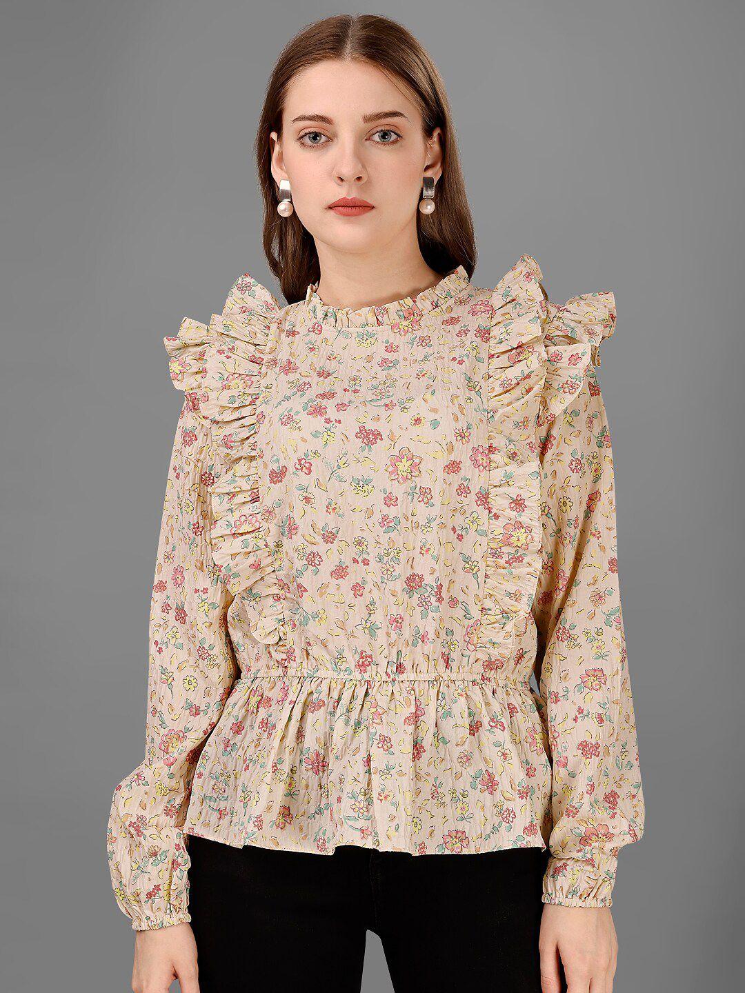 fbella floral printed regular sleeves with ruffles cinched waist top