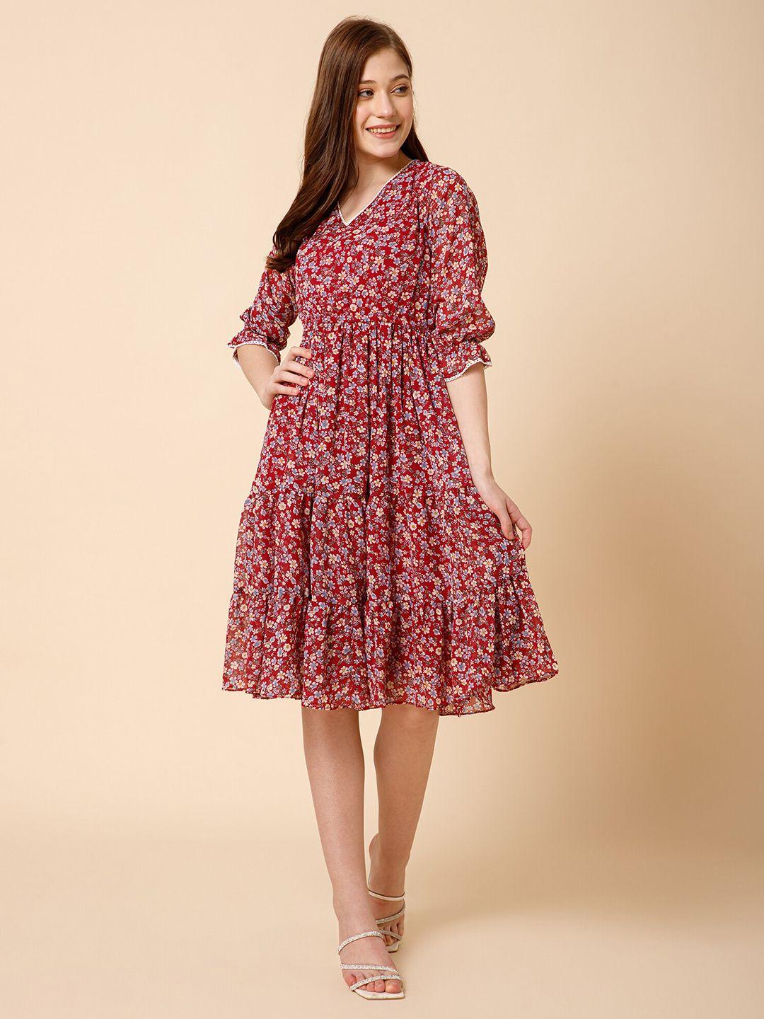 fbella maroon floral printed bell sleeve tiered fit & flare dress