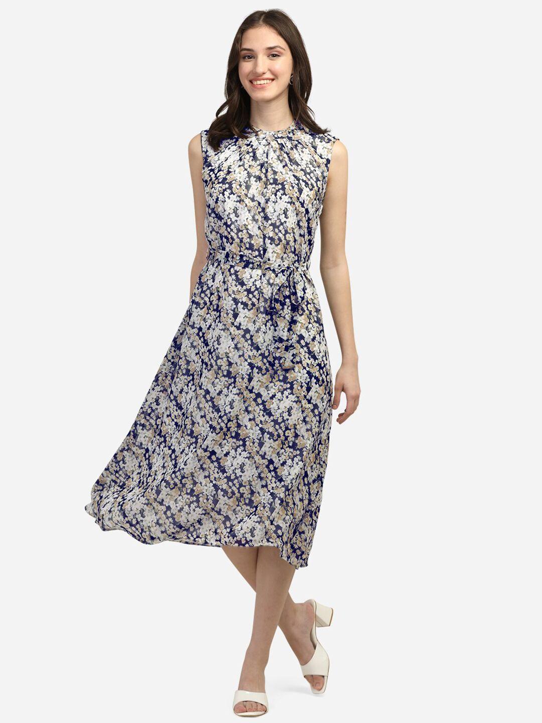 fbella women navy blue & white floral georgette a-line dress
