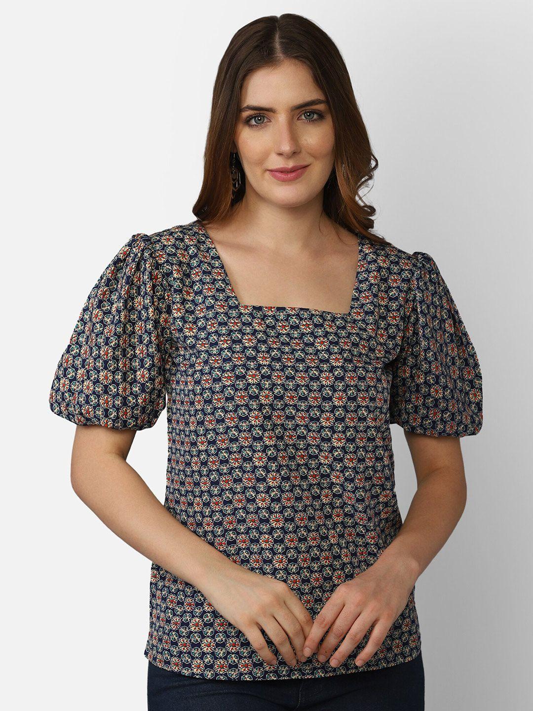 fbella  blue floral print square neck with puff sleeves crepe top