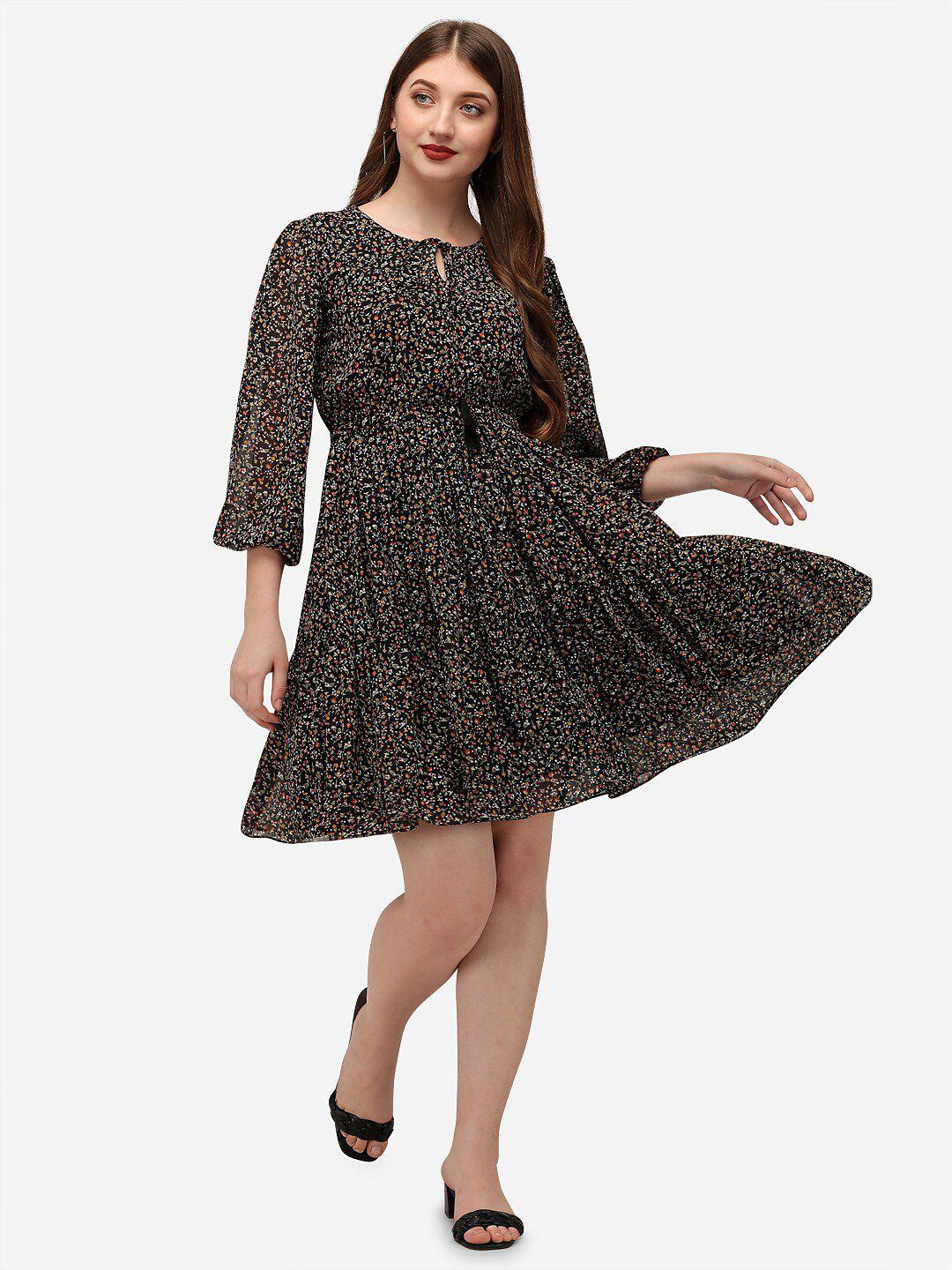 fbella black floral printed tie-up neck georgette dress