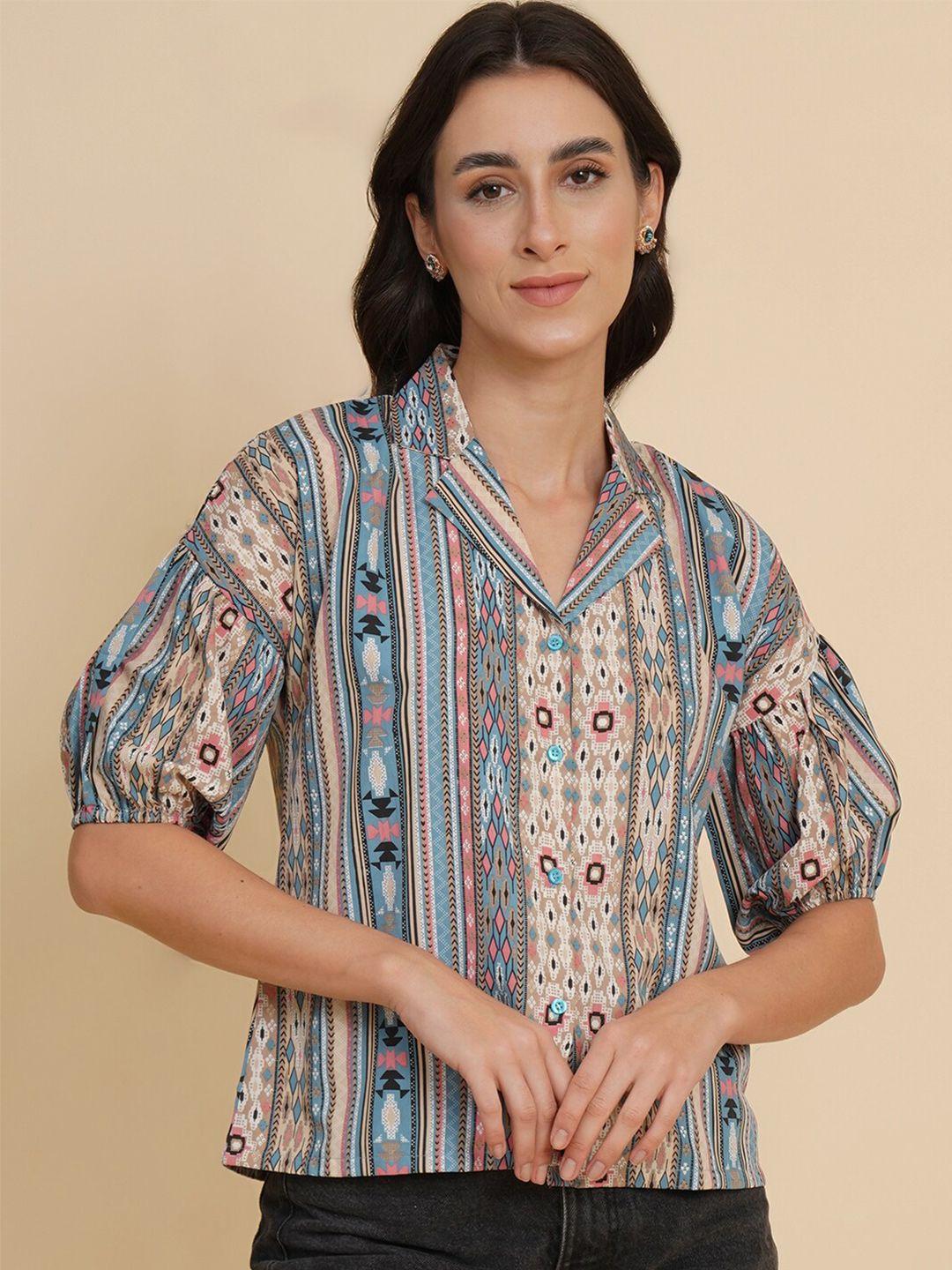 fbella ethnic motifs printed drop shoulder sleeves casual shirt