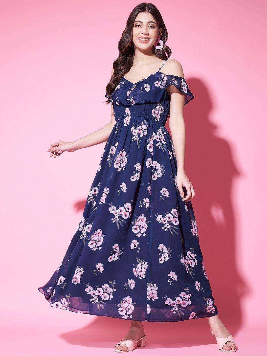 fbella floral printed cold shoulder georgette maxi dress