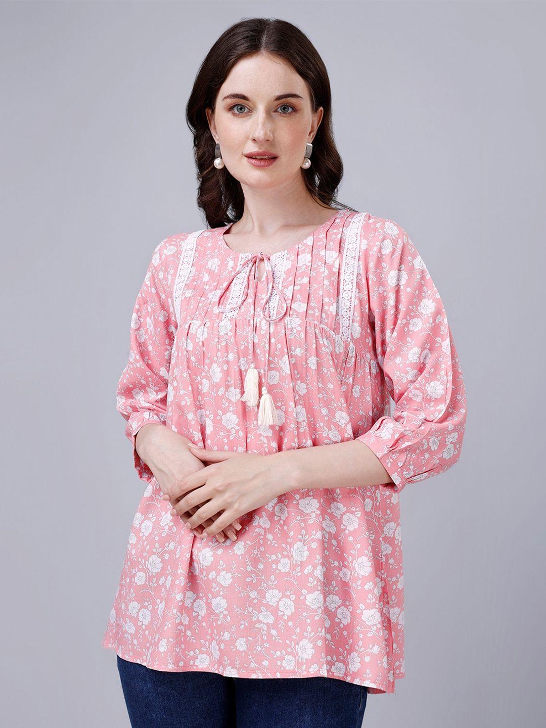 fbella pink floral print tie-up neck cotton top