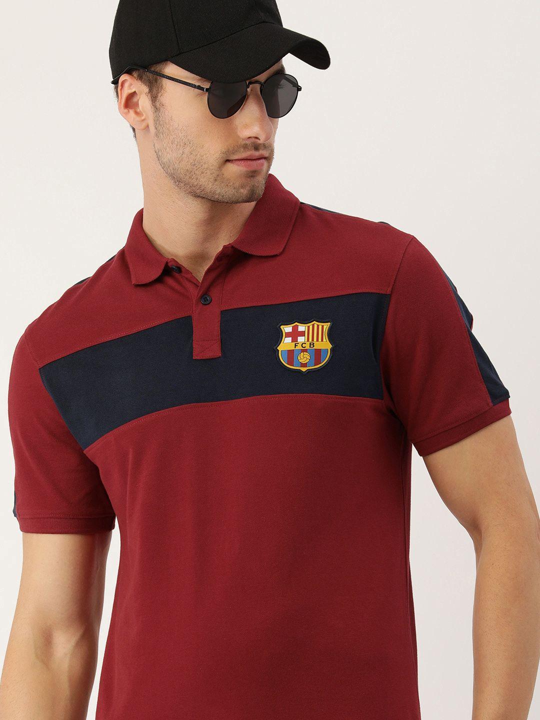 fc barcelona men burgundy & navy blue fc barcelona colourblocked polo collar t-shirt