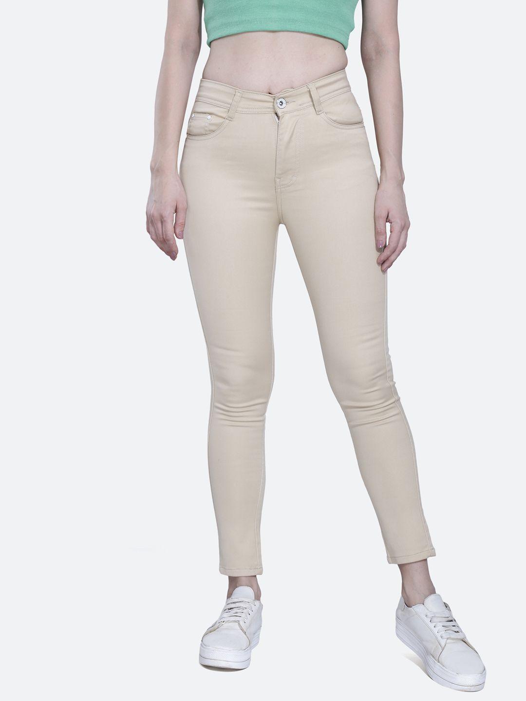 fck-3 women beige frisky relaxed fit high-rise stretchable cotton jeans